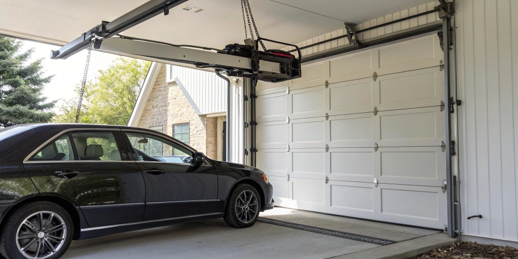Diagram showing a garage door being lifted, illustrating how different garage door opener horsepower ratings affect the weight they can lift, with guidance on choosing the right size.