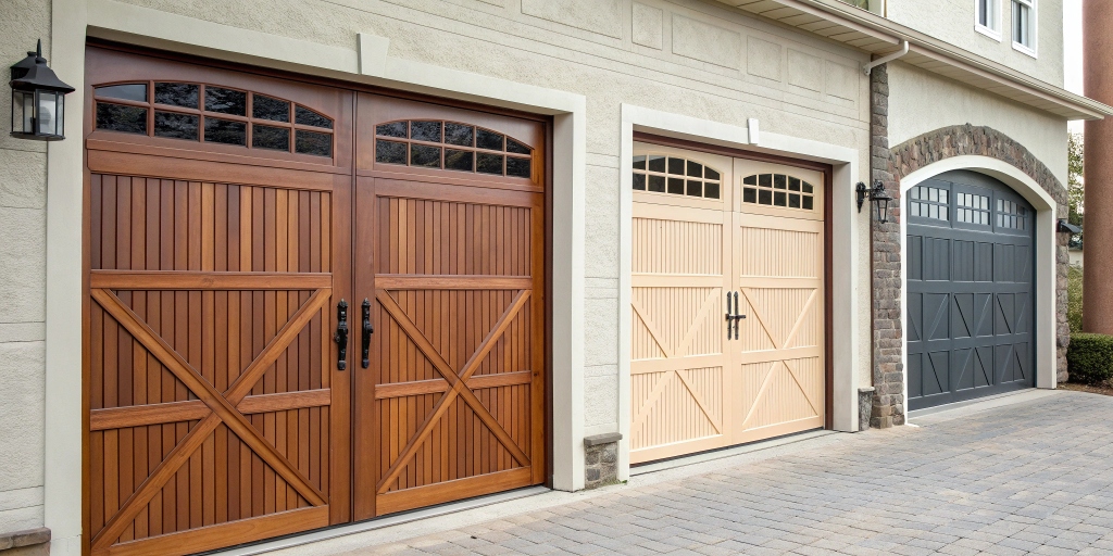 Variety of garage doors in unique styles and colors, highlighting how choosing the right door can express a home's personality and style.