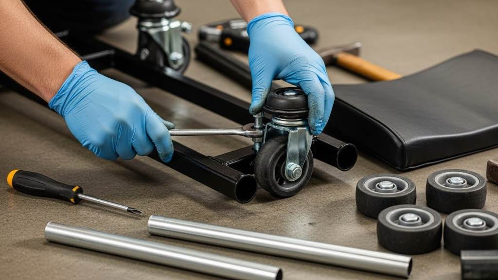 Hands assembling metal frame and wheels of mechanic's creeper on workshop floor.
