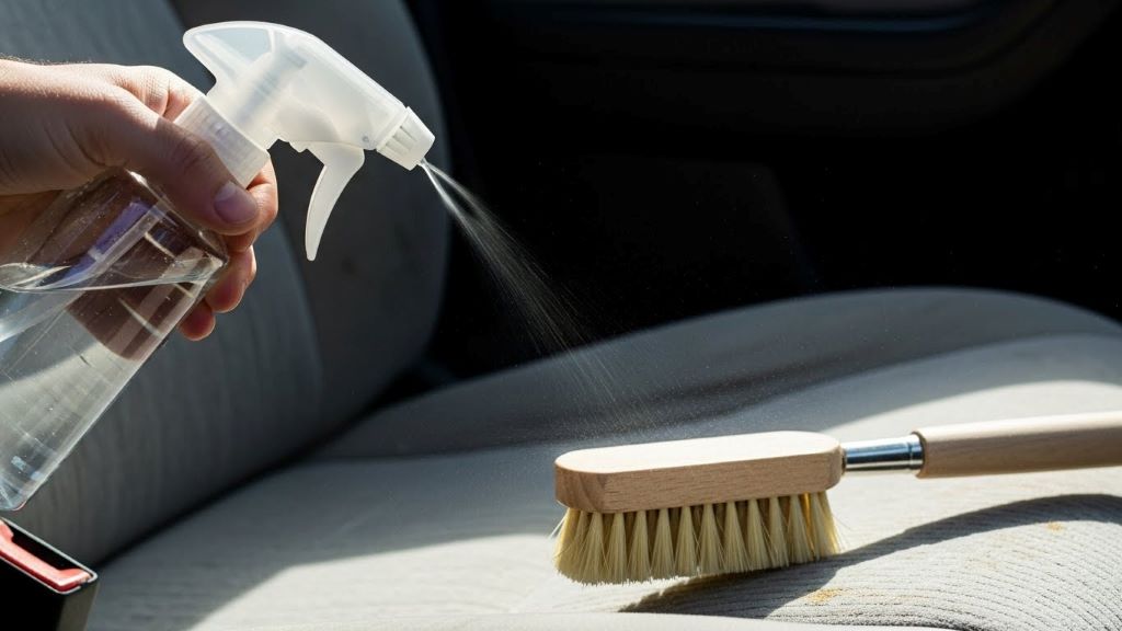 Spray bottle and soft brush on car seat demonstrating homemade cleaning solution application method