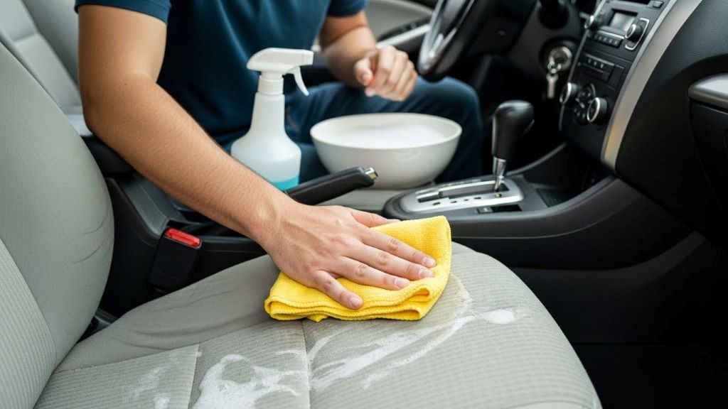 Person using microfiber cloth to blot clean cloth car seat after applying cleaning solution