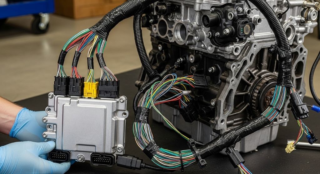 Automotive ECU electronic control unit connected to engine wiring harness during engine replacement