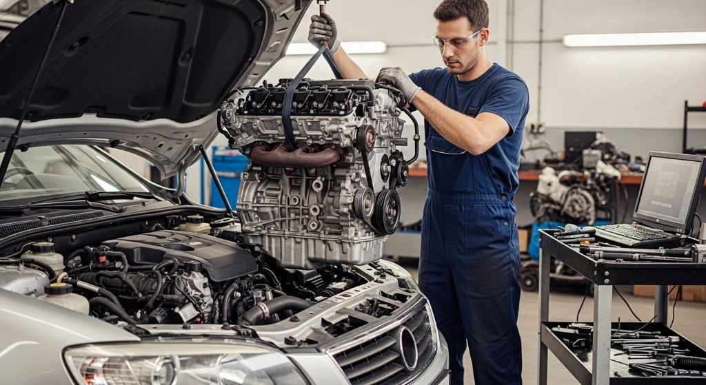 Mechanic installing replacement engine into vehicle engine bay without ECU reprogramming