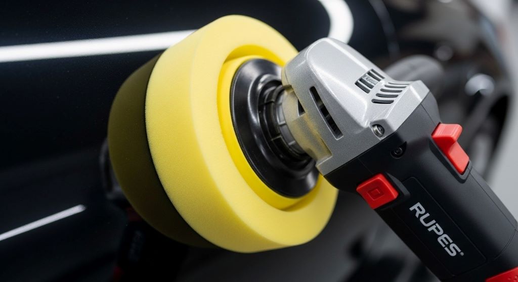 Close-up of a clean foam pad attached to a dual-action polisher for car detailing