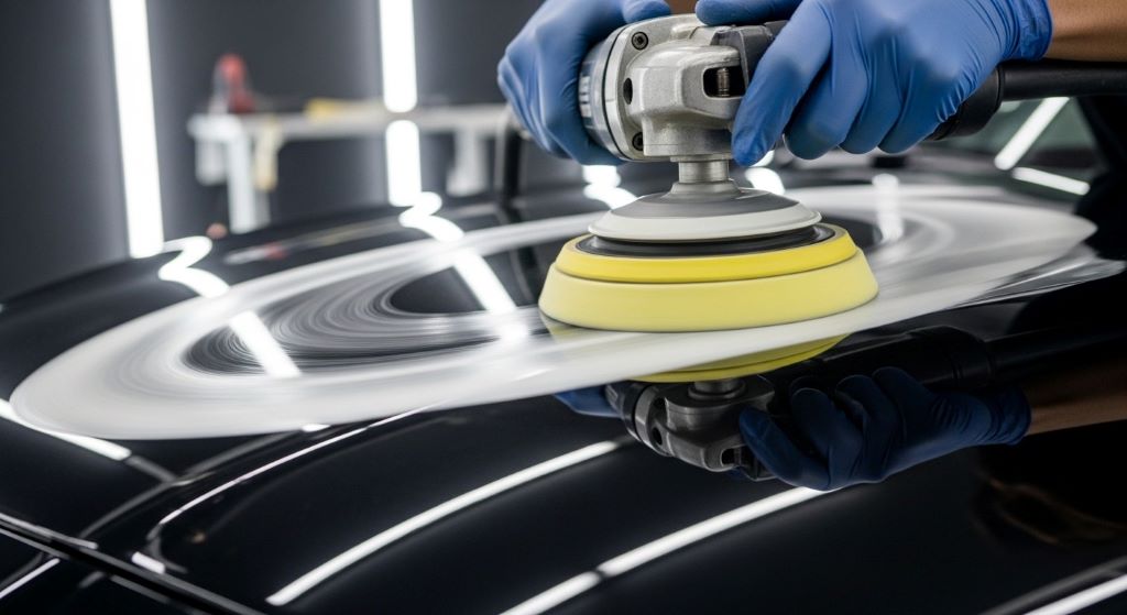 Detailer rotating a foam polishing pad on a car hood during professional buffing