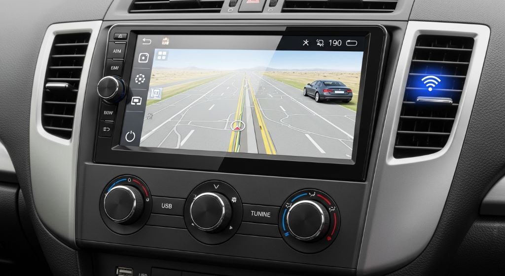 Aftermarket double-DIN head unit installed in a car dashboard with USB and wireless connectivity