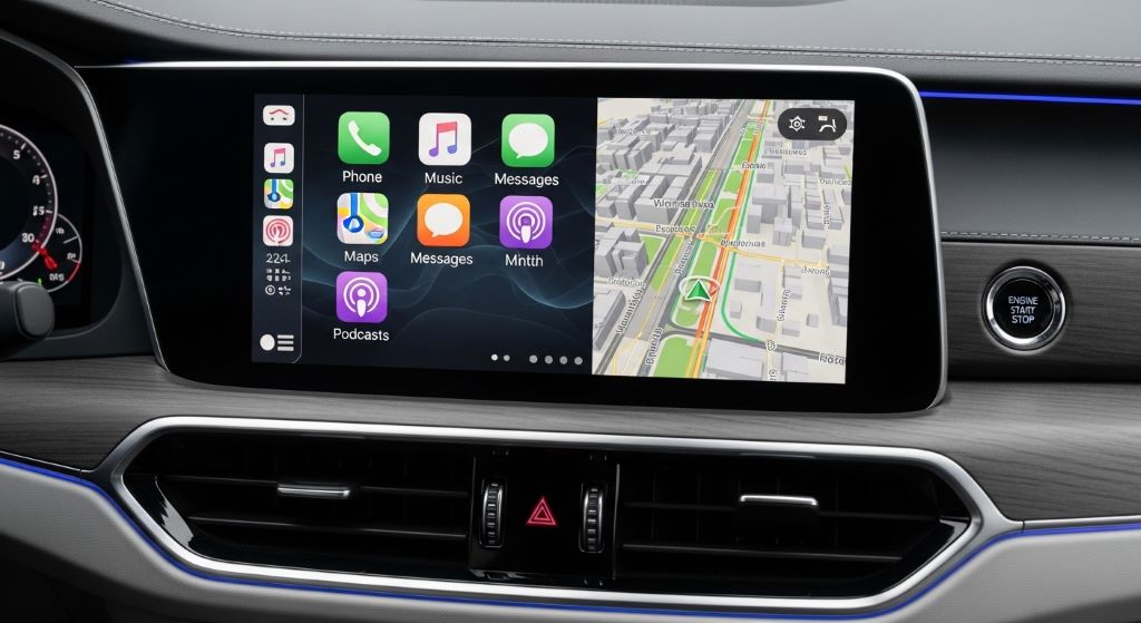Modern car infotainment touchscreen displaying Apple CarPlay and navigation map
