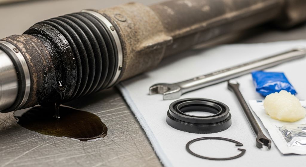 Close-up of power steering rack with visible fluid leak and replacement seal kit laid out beside it