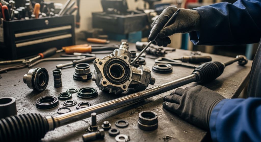 Mechanic inspecting a disassembled rack and pinion unit on a workshop bench showing worn seals and O-rings