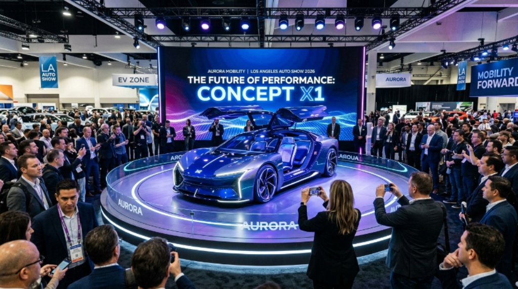 A futuristic concept vehicle on a lit stage at the 2026 Los Angeles Auto Show surrounded by automotive industry attendees