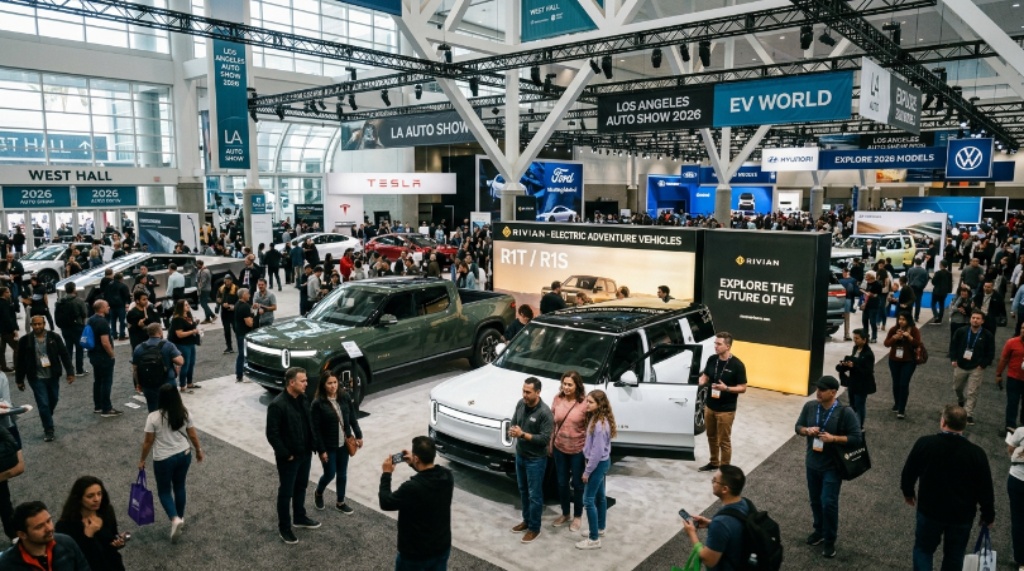 Visitors exploring electric cars and SUV displays on the busy floor of the Los Angeles Auto Show 2026 at the LA Convention Center