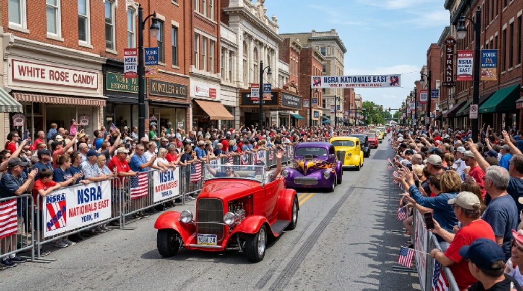 Crowd watching a street rod parade cruise down Market Street in downtown York Pennsylvania during the NSRA Nationals East event