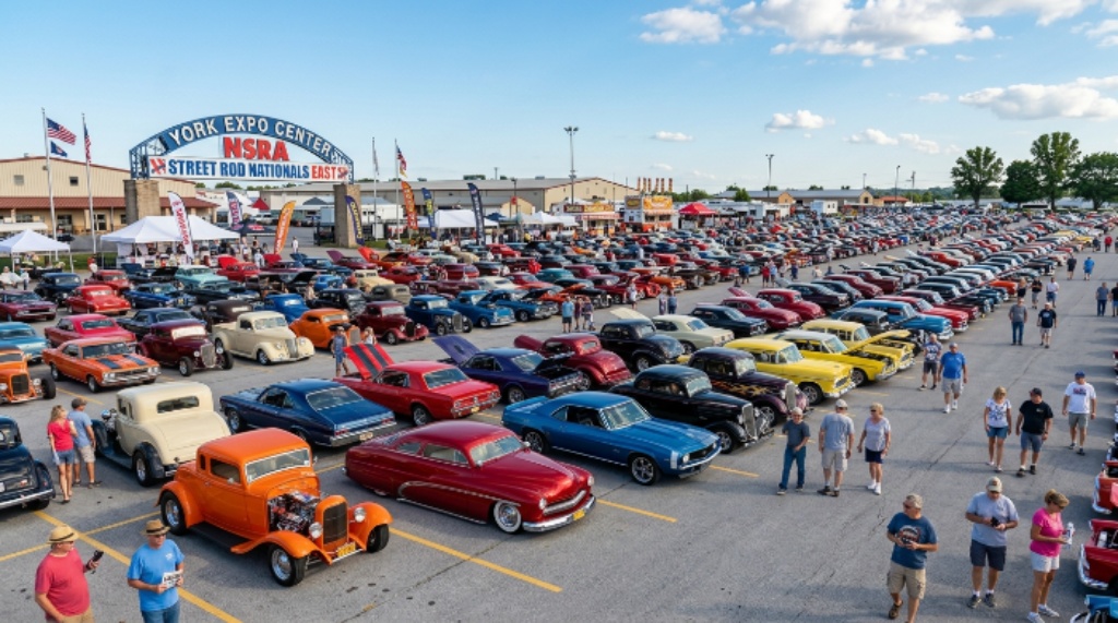 Rows of classic street rods and custom cars on display at the NSRA Street Rod Nationals East at York Expo Center in Pennsylvania
