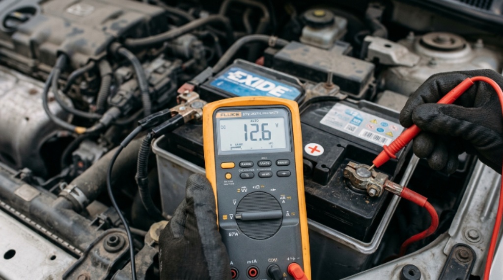 Close-up of a digital multimeter display showing 12.6 volts during a car battery voltage test