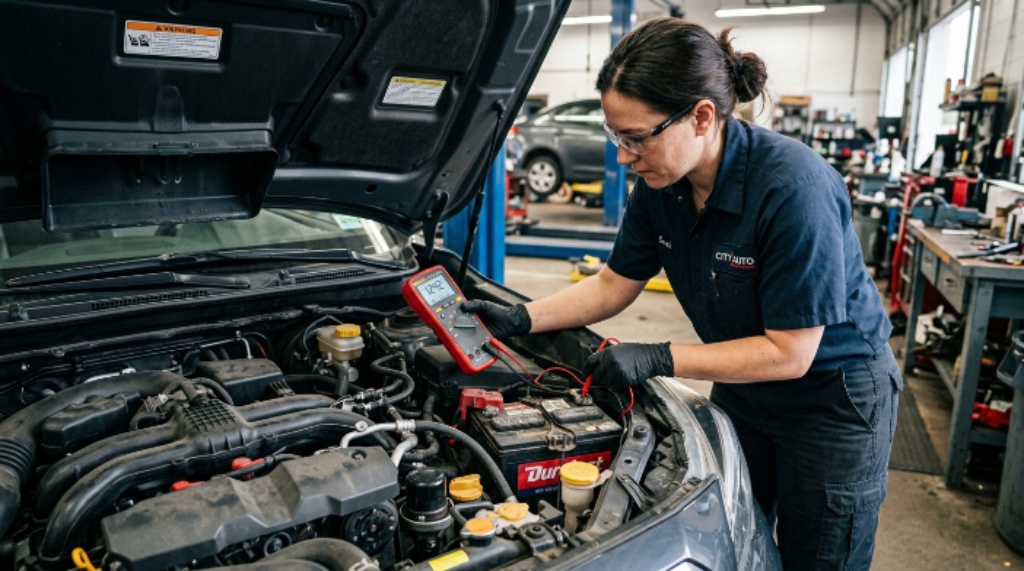 A mechanic using a red and black digital multimeter to test a car battery in an open engine bay