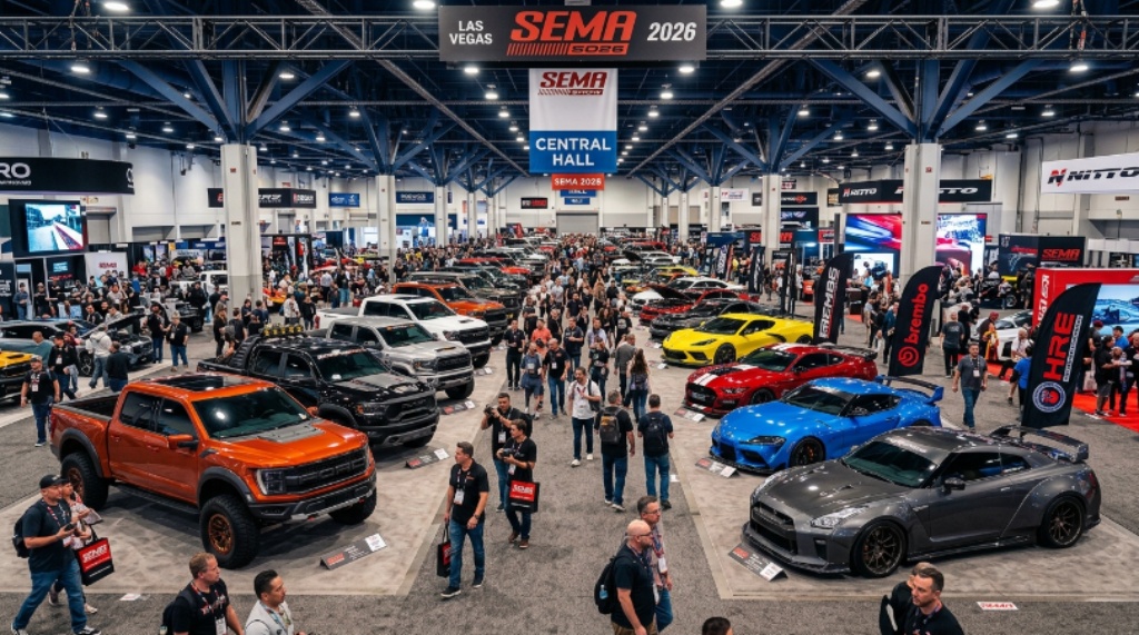 Rows of custom-built cars and trucks on display inside the Las Vegas Convention Center at the SEMA Show 2026