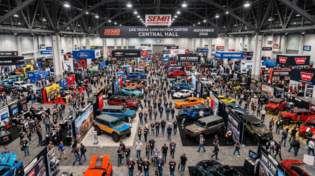 Aerial view of crowds walking through the SEMA Show exhibition floor at the Las Vegas Convention Center in November 2026