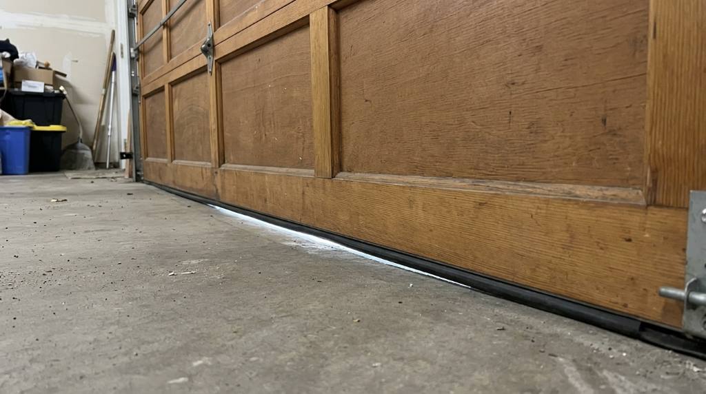 Technician repairing bent garage door tracks in a Chicago residential garage