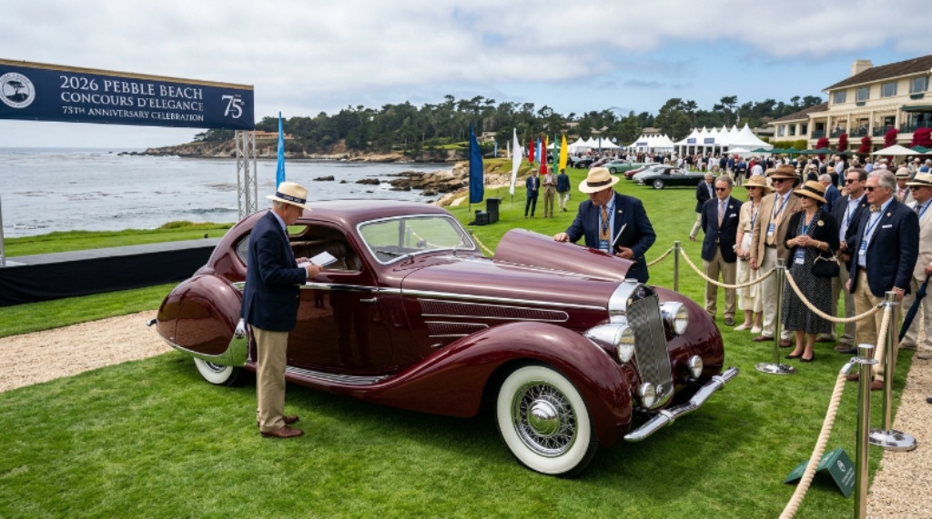 A 1930s Classic Streamliner automobile gleaming on the Pebble Beach Golf Links lawn during judging at the 2026 Concours d'Elegance anniversary celebration