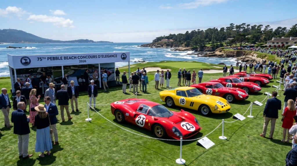 Classic Ferrari race cars on display during the 75th Pebble Beach Concours d'Elegance 2026, parked on the 18th fairway with the Pacific Ocean in the background
