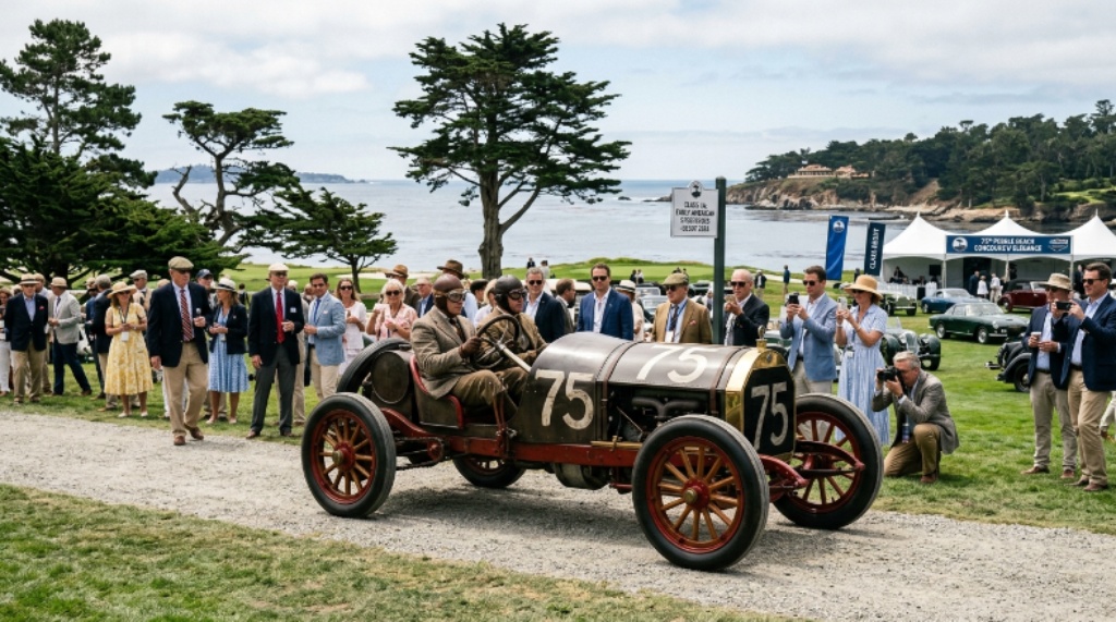 Vintage Early American Speedster competing in the new class debut at the 75th Pebble Beach Concours d'Elegance, surrounded by spectators and cypress trees