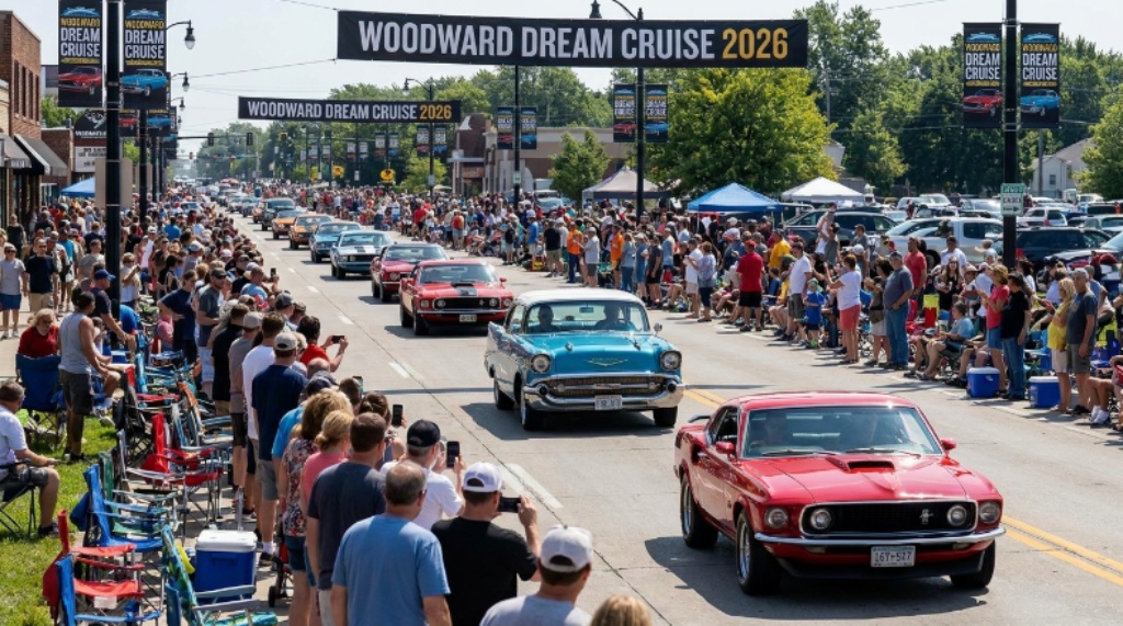 Spectators lining the sidewalk along Woodward Avenue to watch the 2026 Woodward Dream Cruise parade of classic cars
