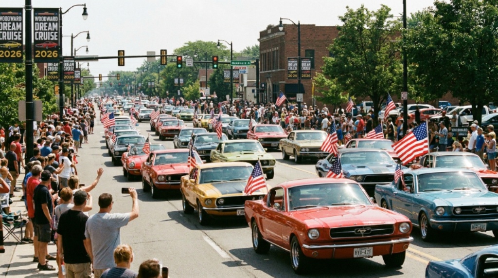 Classic muscle cars rolling down Woodward Avenue during the Woodward Dream Cruise 2026 in Oakland County Michigan