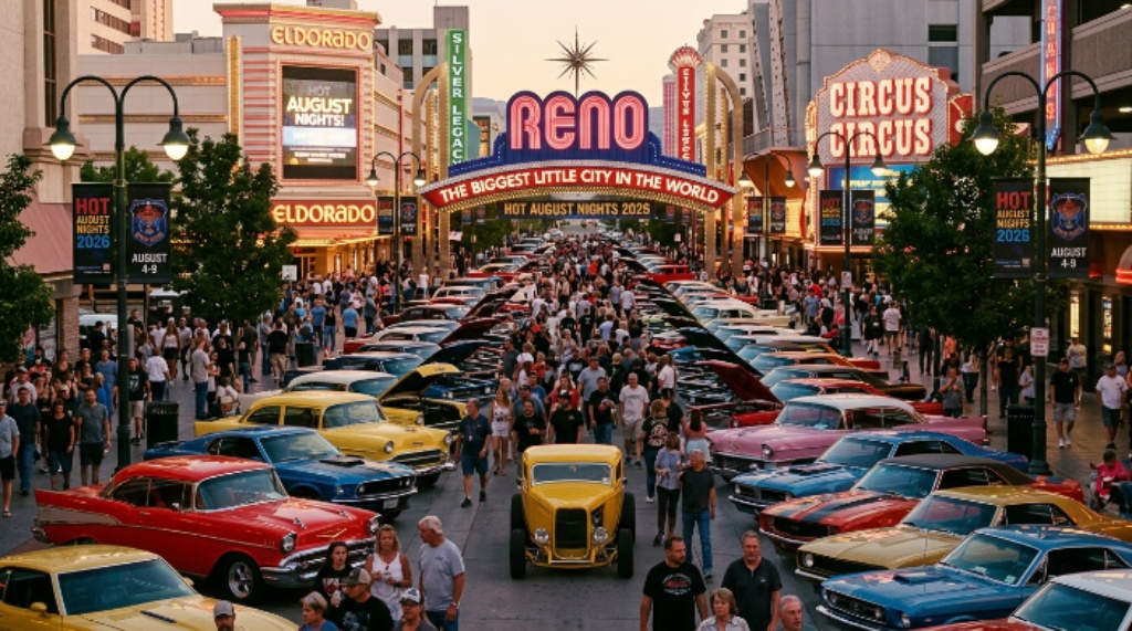 Rows of classic cars lining downtown Reno streets during Hot August Nights 2026