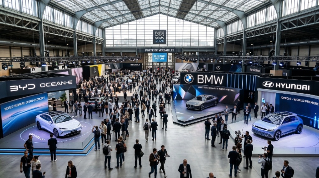 New electric concept cars and world premiere models on display at the Paris Motor Show 2026 including vehicles from BYD, Hyundai and BMW at Porte de Versailles
