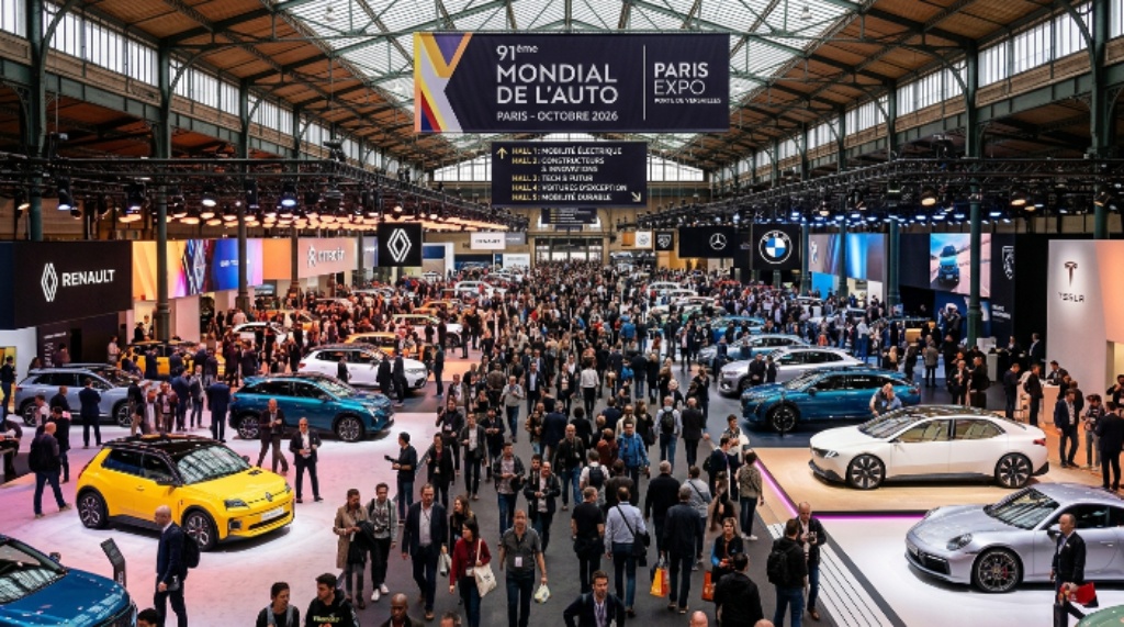 Crowds of automotive enthusiasts walking through the five exhibition halls of the 91st Paris Motor Show at Paris Expo Porte de Versailles in October 2026
