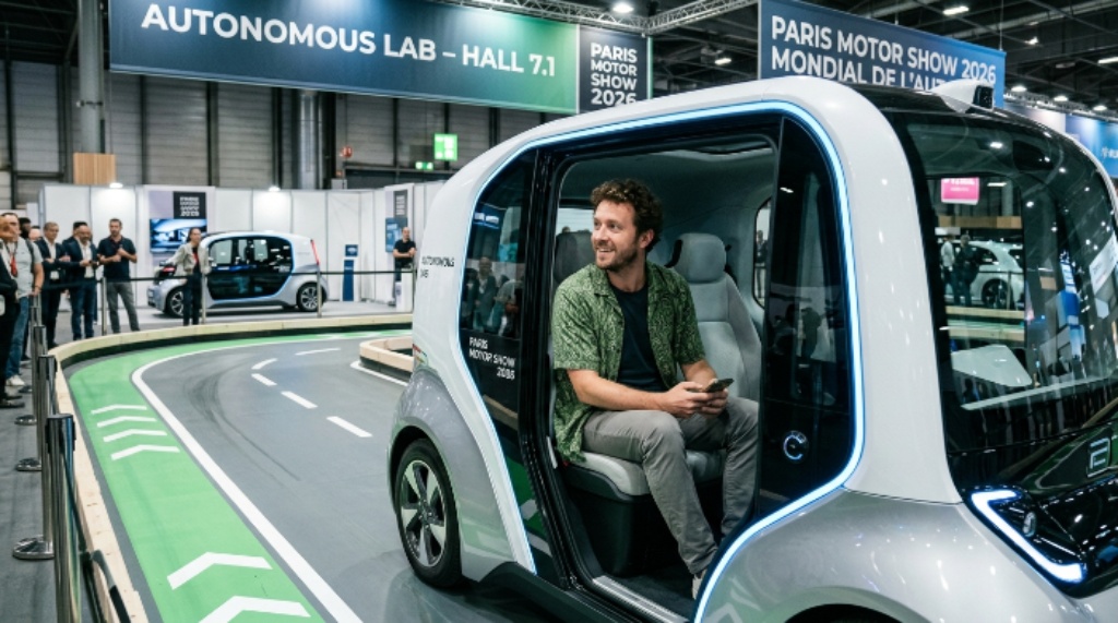 A visitor experiencing an autonomous vehicle test drive inside the Autonomous Lab at Hall 7.1 of the Paris Motor Show 2026 in Paris, France