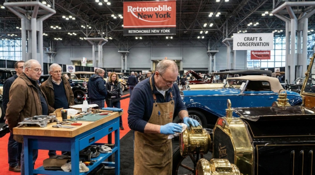 Restoration expert demonstrating craft at Retromobile New York show floor
