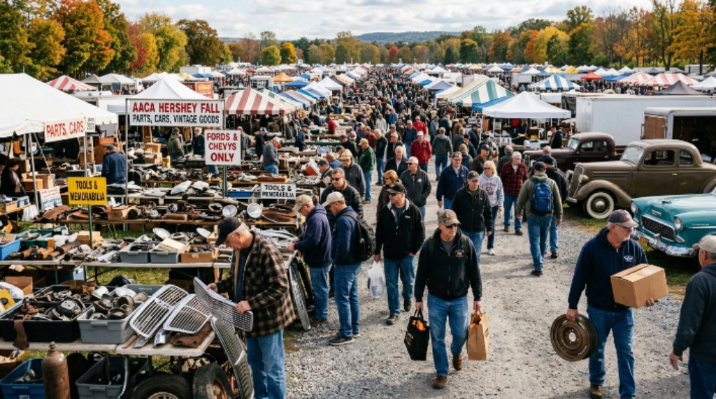 Vintage car enthusiasts browsing thousands of automotive parts and vendor displays at the AACA Hershey flea market swap meet in October 2026