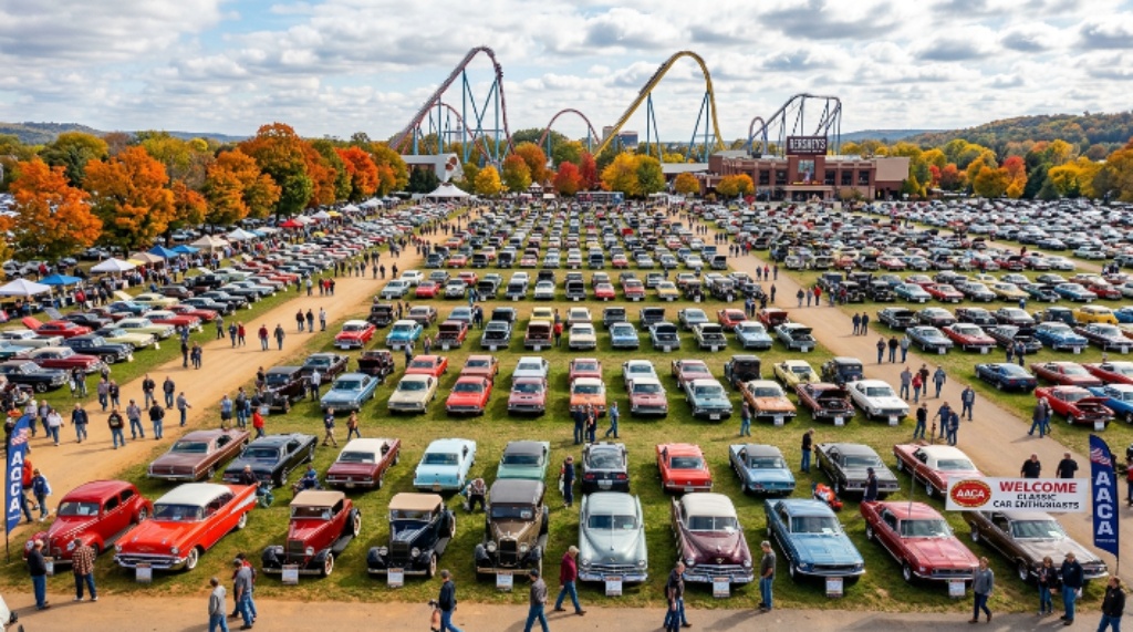Rows of antique and classic cars on display across the show field at the AACA Eastern Fall Meet 2026 at the grounds surrounding Hersheypark in Hershey Pennsylvania
