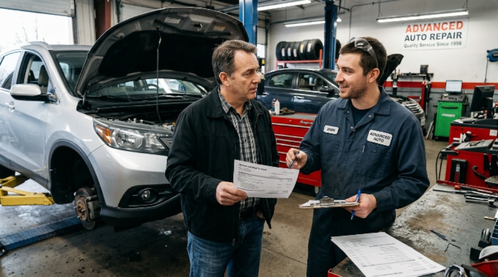Car owner discussing a cost-effective repair estimate with a professional auto technician