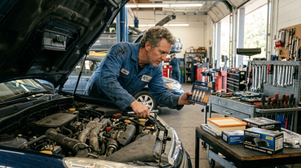 Mechanic repairing a car engine while inspecting affordable, high-quality replacement parts