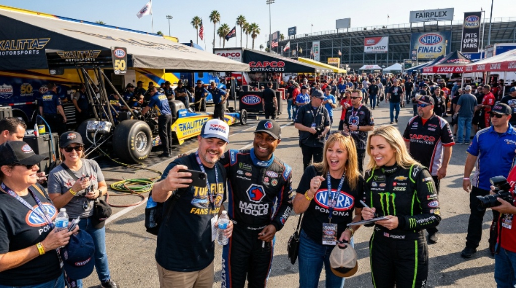 NHRA fans exploring the pit area and meeting professional drivers during the 2026 NHRA Finals event weekend at the Fairplex in Pomona, California