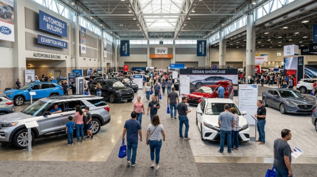 Visitors exploring SUVs and sedans inside the Automobile Building