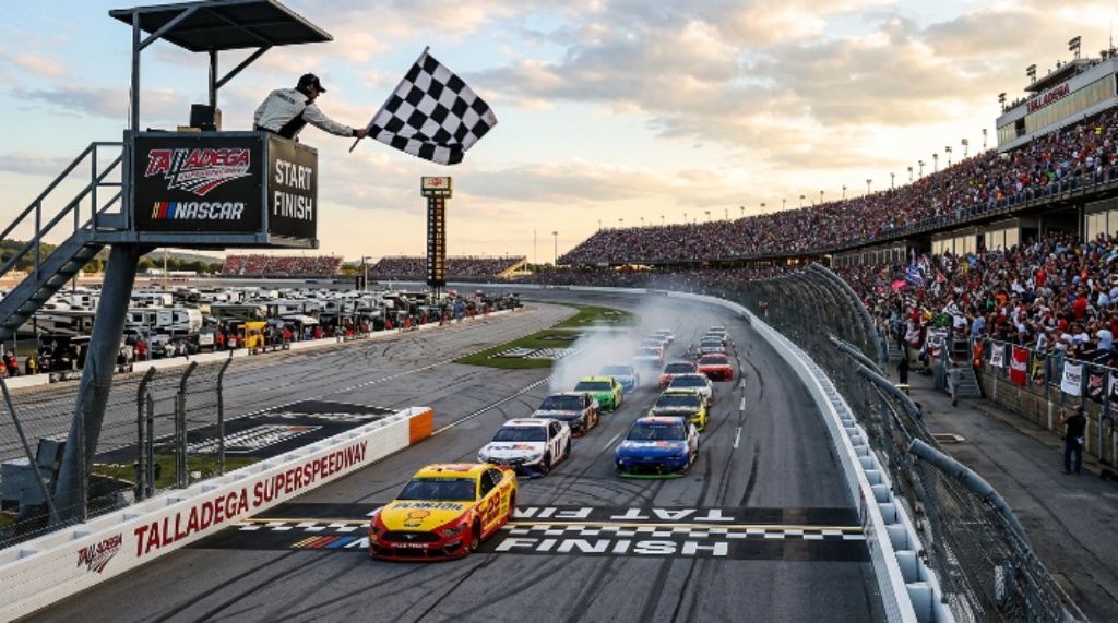 Checkered flag waving over Talladega Superspeedway during a Cup Series race