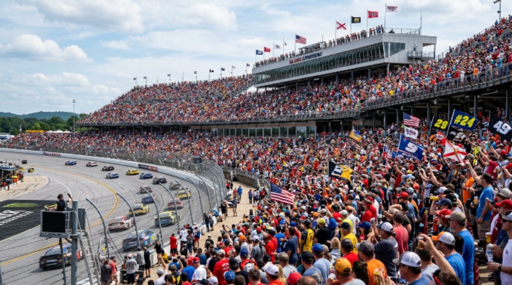 Talladega Superspeedway grandstands filled with NASCAR fans on race day
