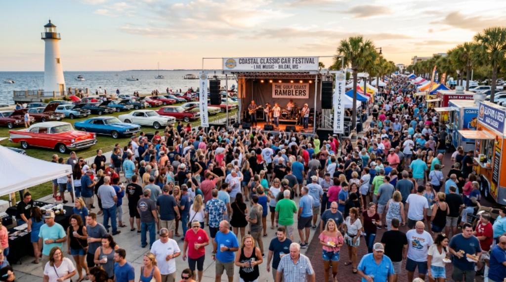 Crowds gathering for live music and vendor booths at a coastal classic car festival in Biloxi Mississippi
