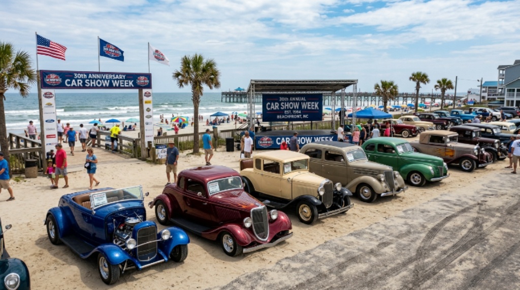 Vintage hot rods and antique vehicles parked near the beachfront during the 30th anniversary car show week