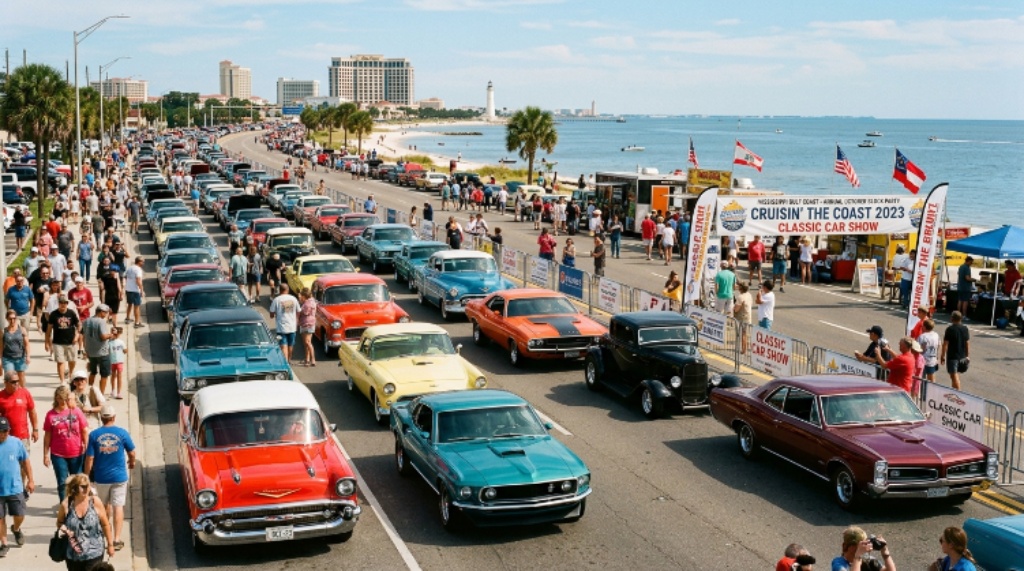 Classic cars lined up along the Mississippi Gulf Coast highway during the annual October block party