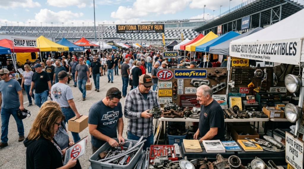 Visitors browsing automotive parts and merchandise at the outdoor swap meet vendor market at the Turkey Run event