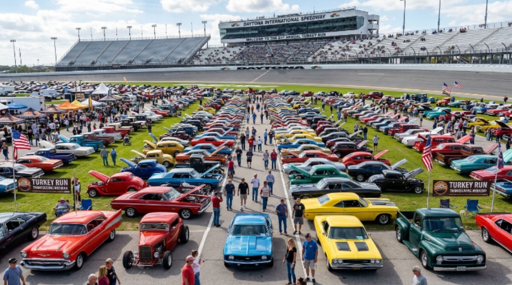 Rows of classic and custom cars on display at Daytona International Speedway during the Turkey Run car show weekend