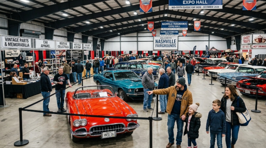 Families and classic car enthusiasts browsing vintage vehicles and vendor stalls at an indoor automotive exhibition at the Nashville Fairgrounds in December 2026