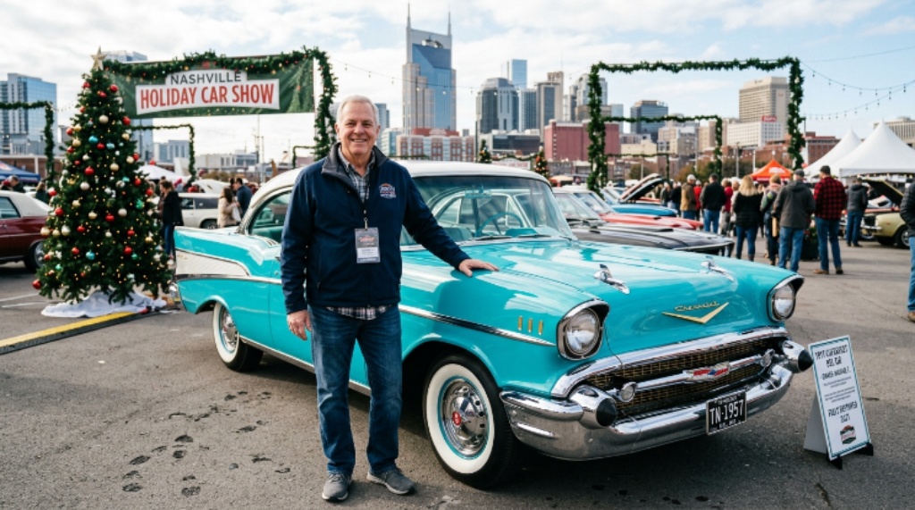 A proud vehicle owner standing beside a fully restored 1957 Chevrolet Bel Air at a classic car show in Nashville, Tennessee, with festive holiday decorations in the background