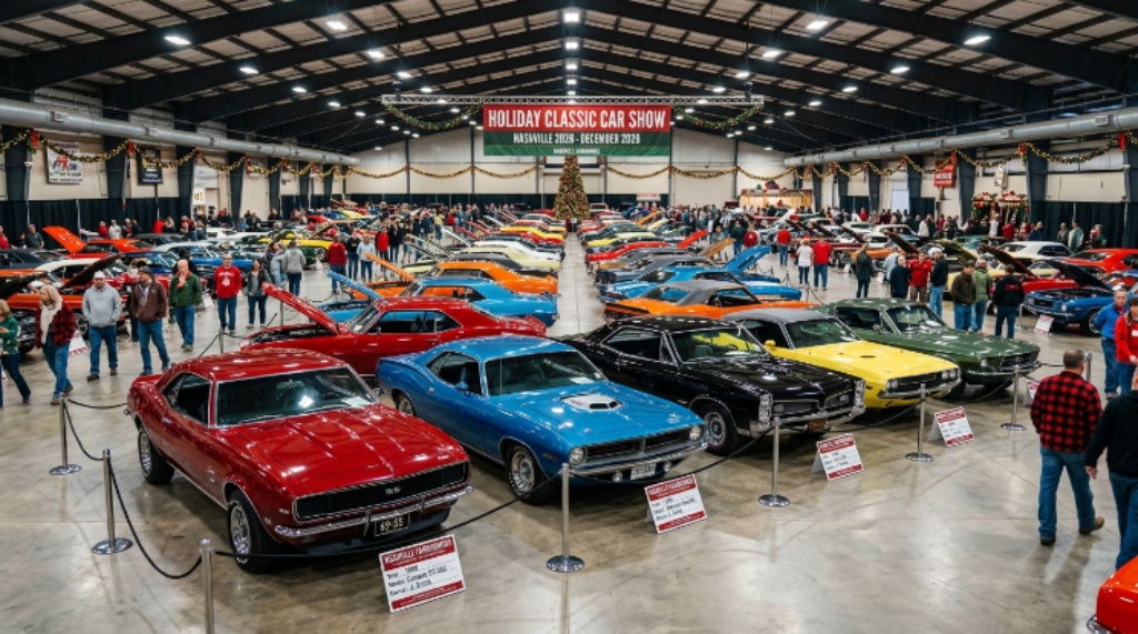 Rows of gleaming restored classic American muscle cars on display inside the Nashville Fairgrounds during the Holiday Classic Car Show Nashville 2026 in December