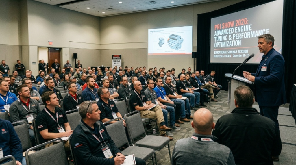 Motorsports industry professionals attending an educational seminar session at the PRI Show 2026, held at the Indiana Convention Center in Indianapolis, December 10 to 12.