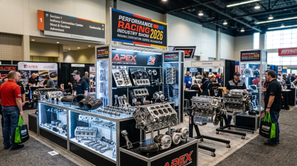 Racing engine components and performance parts on display at an exhibitor booth during the Performance Racing Industry Show 2026 at the Indiana Convention Center, Indianapolis